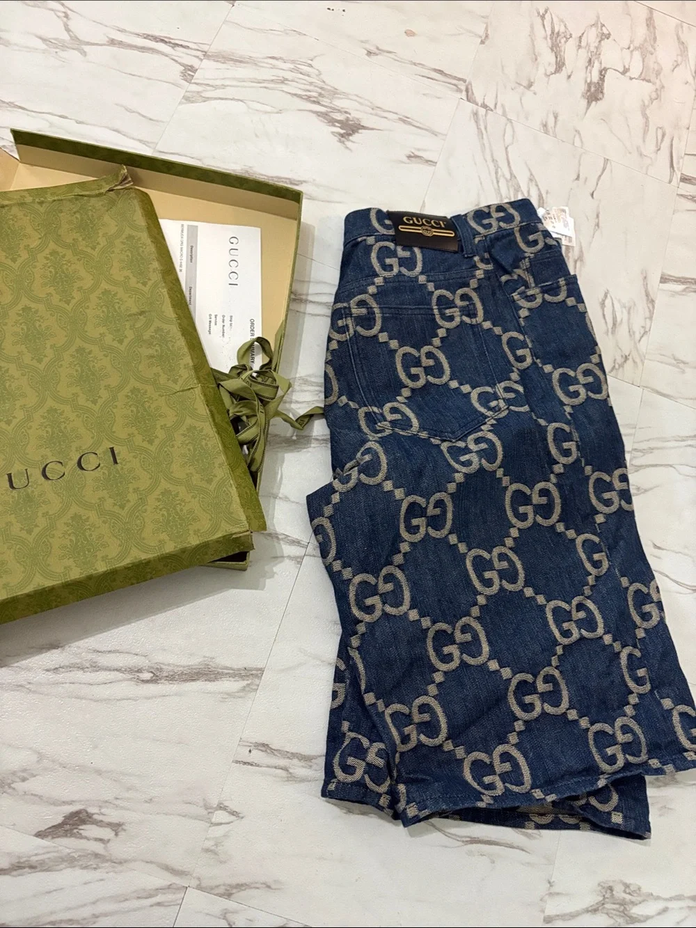 Authentic Gucci Navy Blue GG Denim Shorts with Beige Logo comes with box& papers